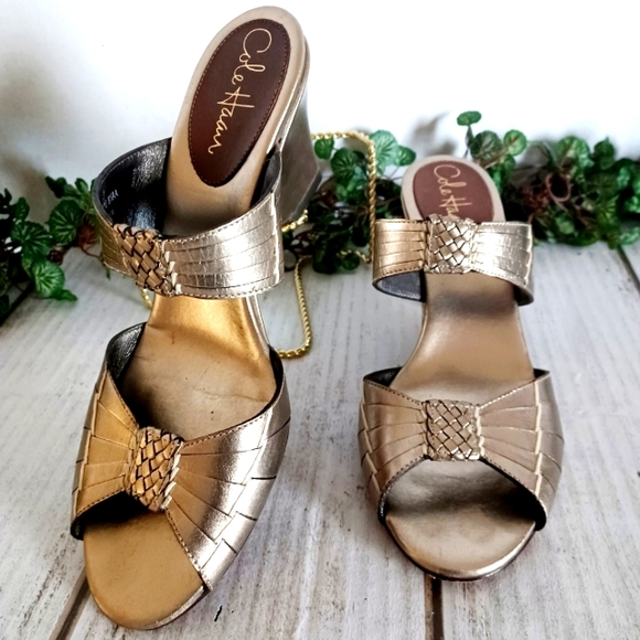 Cole Haan Open Toe Leather Straps Slide On Wedge Sandal - Gold Metallic - Picture 6 of 15